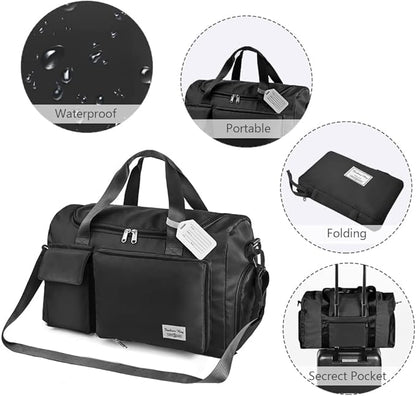 Travel Duffel Bag, Foldable Gym Bag with Luggage Tag, Large Capacity Weekend Overnight Bags with Wet and Dry Separation Bag, Waterproof Sports Tote Bag, for Travel, Sports, Gym (Black)