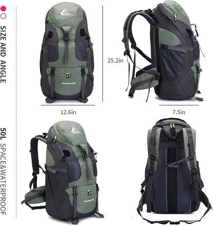 Bseash 50L Hiking Backpack, Water Resistant Lightweight Outdoor Sport Daypack Travel Bag for Camping Climbing Touring (Army Green - With Shoe Compartment)
