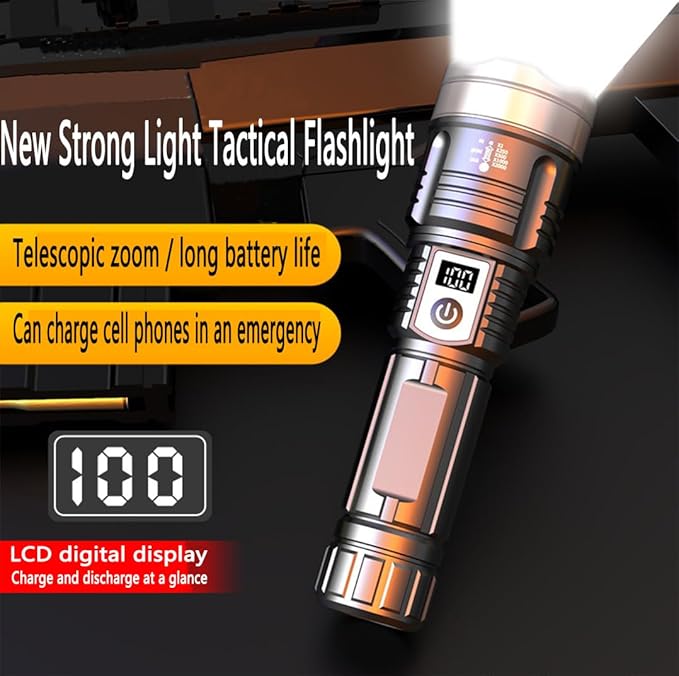Rechargeable High Brightness Flashlight, 900000LM Powerful Tactical Flashlight, 5 Modes Adjustable Portable LCD Flashlight, Waterproof, Handheld Flash, for Emergencies, Hiking,Camping.