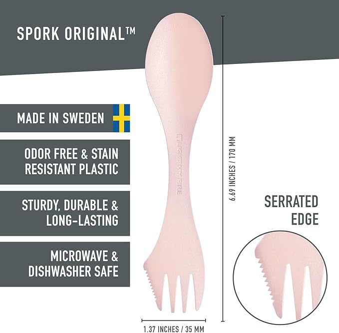 Light My Fire Spork Original 3-in-1 Camping Spoon Fork Knife Combo Reusable Travel & Camping Utensils Lunch Spork Outdoor Backpacking Hiking Picnic Utensil BPA Free, 2-Pack Green/Pink