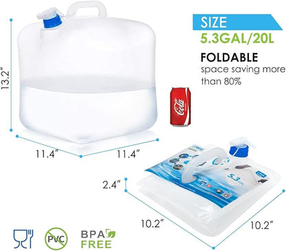 Collapsible Water Storage Container Jug, 4 Packs 5.3 Gallon BPA Free Water Carrier with Spigot, for Camping Hiking Backpack Outdoors and Emergency, Foldable Portable Survival Kits