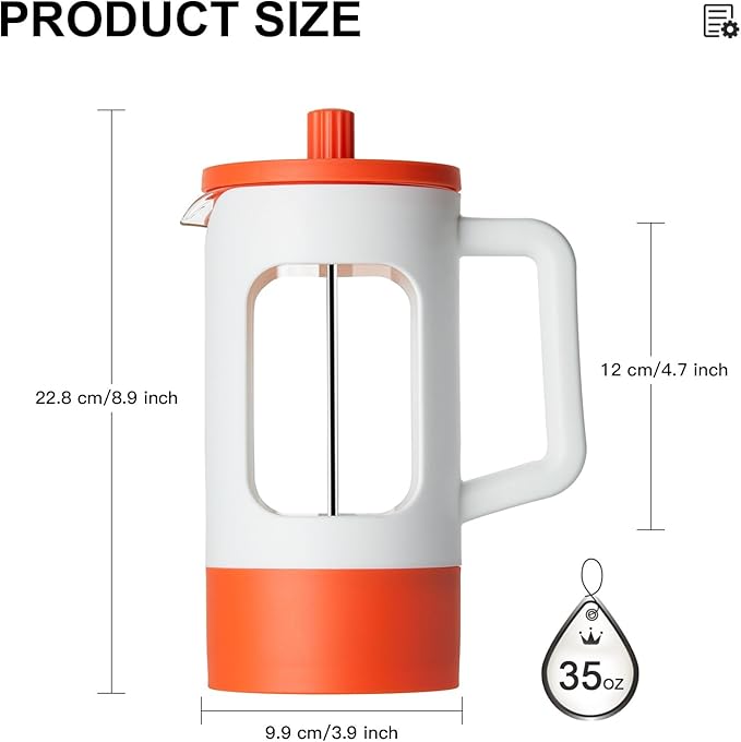 YOLIFE French Press Coffee Maker, 34 oz / 4 Cup Coffee Tea Press with Heat-resistant Borosilicate Glass, 4-Level Filtration Systems, Cold Brew Coffee Maker for Camping Travel Gifts, White and Orange