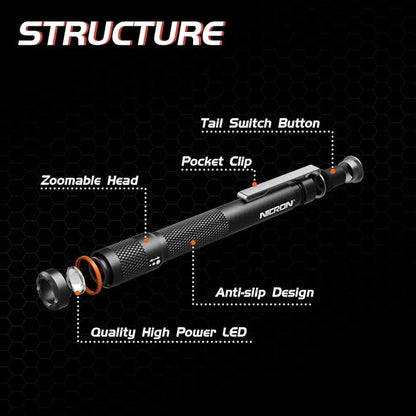 NICRON B22W LED Pocket Pen Light, Small, Compact, Portable, Zoomable Flashlight with Clip for nspection, Camping, Outdoor, Everyday Use