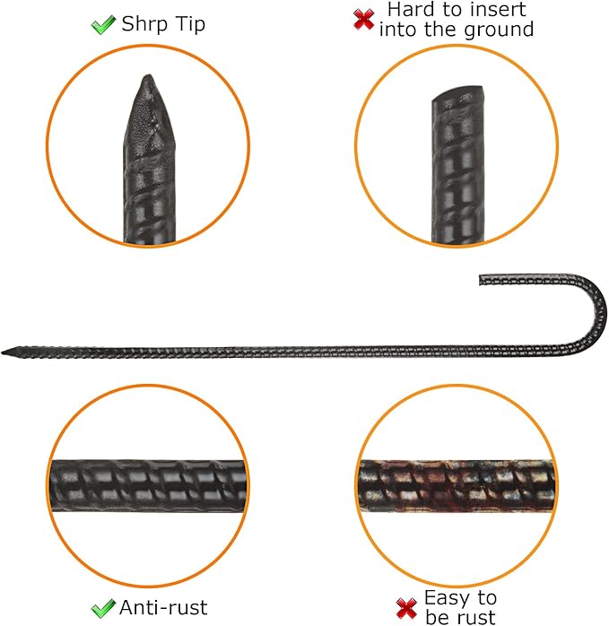 16 Inch Rebar Stakes, 12Pcs Heavy Duty Rebar Stakes J Hook 5/16 Ground Stakes Tent Stakes Rust Proof Coated Ground Anchors with Chisel Point End for Camping Camping Tent