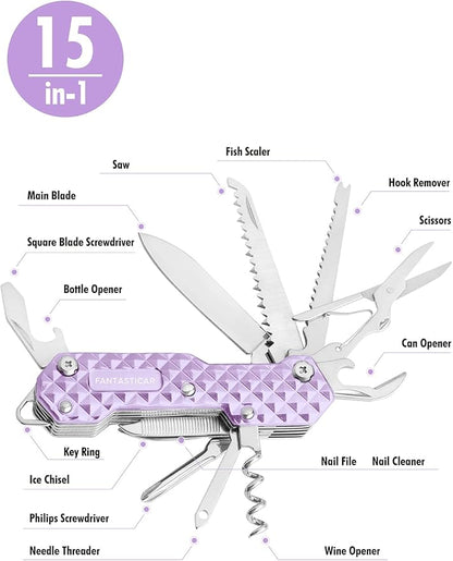 FantastiCAR 15 in 1 Multi-Tool, EDC Folding Pocket Knife with Premium Gift Box for Camping, Fishing, Hunting, Survival, or Outdoor (Purple)