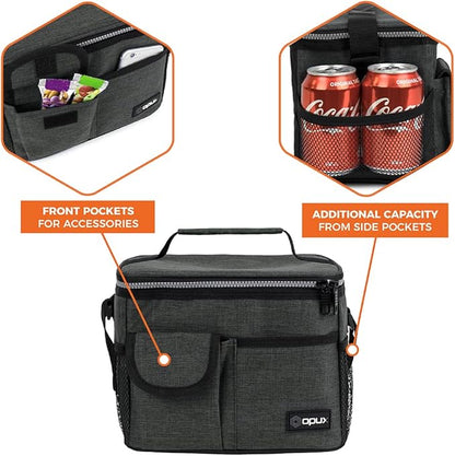 opux Insulated Lunch Bag for Men Women, Leakproof Charcoal Grey Lunch Box for Work, Portable Soft Lunch Cooler Bag with Shoulder Strap, Adult Lunchbox Lunch Pail for Kid Boy Girl School, 14 Can/8L