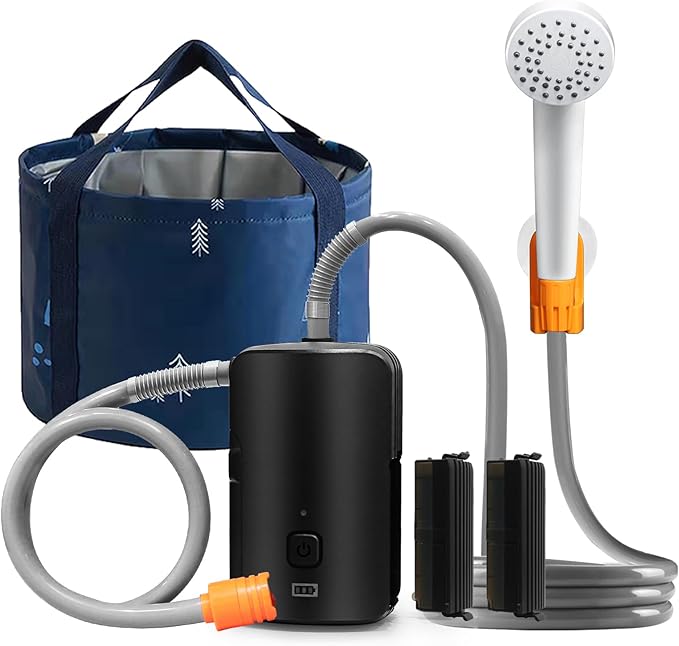 Portable Outdoor Shower, 4400 mAh Removable Rechargeable Battery, with LED Light, Battery Powered Shower Pump+Collapsible Bucket, Suitable for Hiking/Backpacking, Camping, Travel, Beach, Pet