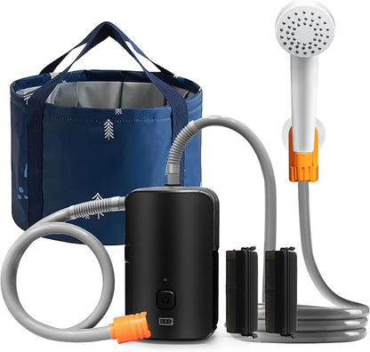 Portable Outdoor Shower, 4400 mAh Removable Rechargeable Battery, with LED Light, Battery Powered Shower Pump+Collapsible Bucket, Suitable for Hiking/Backpacking, Camping, Travel, Beach, Pet