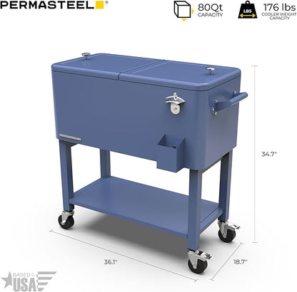 Permasteel 80-Qt Outdoor Patio Cooler with Removable Basin, Outside Beverage Cooler Cart, Rolling Cooler with Wheels and Handles, Azure Blue