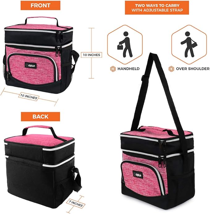 OPUX Insulated Dual Compartment Lunch Box for Women | Leakproof Double Deck Lunch Bag Work Office | Soft Cooler Tote Shoulder Strap Adult | Reusable Thermal Lunch Pail Kit 12 Can, Pink
