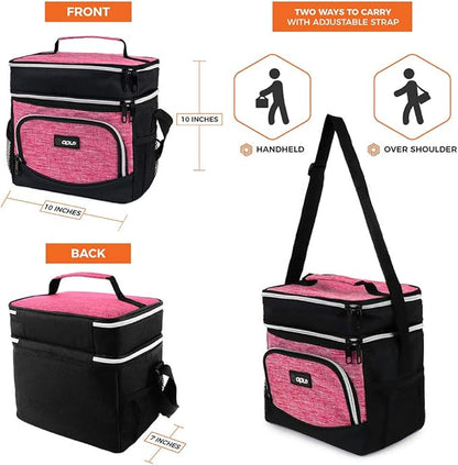 OPUX Insulated Dual Compartment Lunch Box for Women | Leakproof Double Deck Lunch Bag Work Office | Soft Cooler Tote Shoulder Strap Adult | Reusable Thermal Lunch Pail Kit 12 Can, Pink