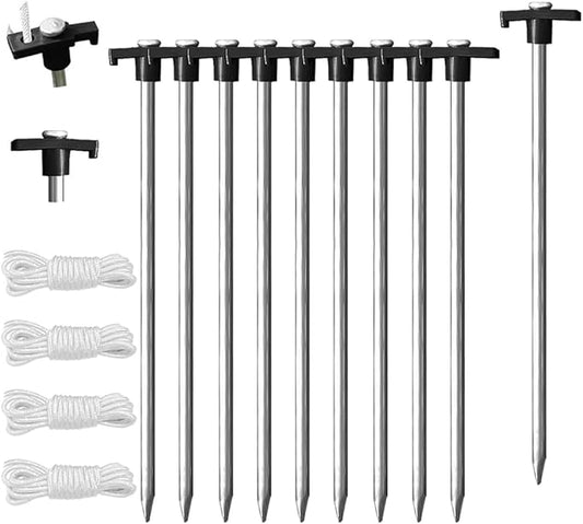Eurmax USA Galvanized Non-Rust Camping Family Tent Pop Up Tent Stakes Canopy Anchors Heavy Duty 10pc-Pack, with 4x10ft Ropes & 1 Stopper(Black)