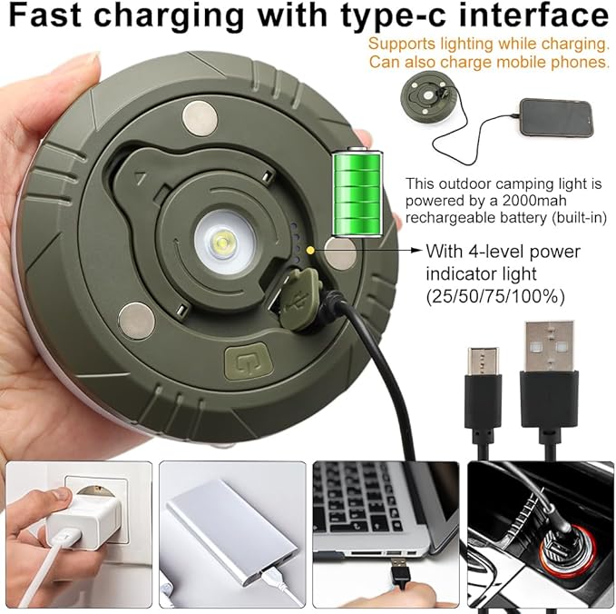 Camping String Lights, 2 in 1 Outdoor Waterproof Camping String Light with 8 Lighting Modes(32.8Ft), Quick 30s Recovery, Type-C Fast Charging Portable LED Tent Light for Camping Yard Hiking
