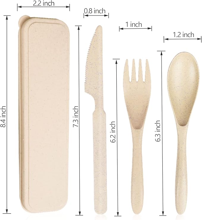 Reusable Travel Utensils Set with Case, Beige Wheat Straw Portable Knife Fork Spoons Tableware, Eco-Friendly BPA Free Plastic Cutlery Travel Picnic Camping Utensils for Kids Adults Daily Use