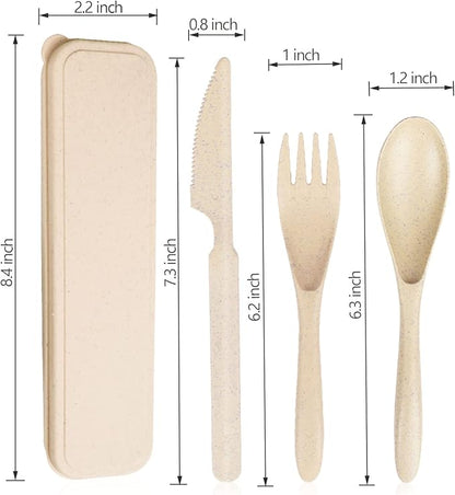 Reusable Travel Utensils Set with Case, Beige Wheat Straw Portable Knife Fork Spoons Tableware, Eco-Friendly BPA Free Plastic Cutlery Travel Picnic Camping Utensils for Kids Adults Daily Use