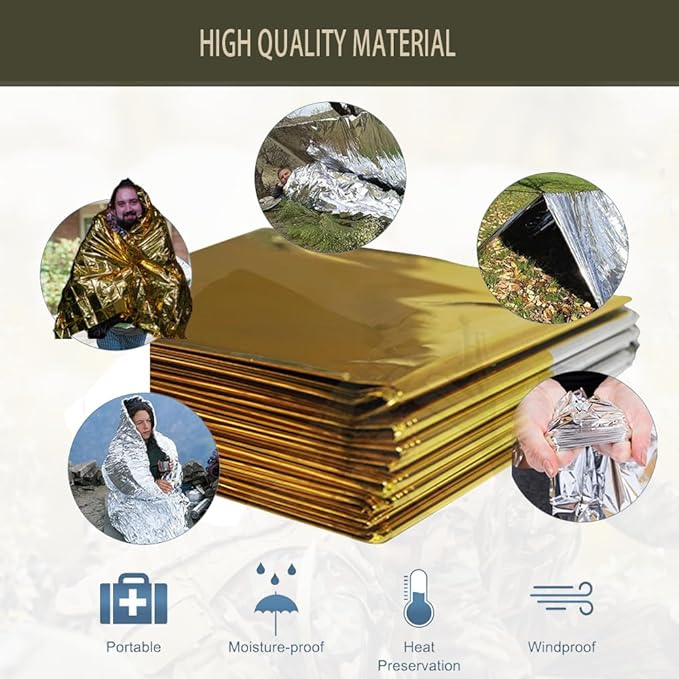 Emergency Blanket ，Portable Emergency Blanket Survival Gear Emergency Bivvy Thermal Sleeping Bag Camping ，Be Suitable for Outdoors, Hiking, Survival (Gold +Silver, 4 Pack)