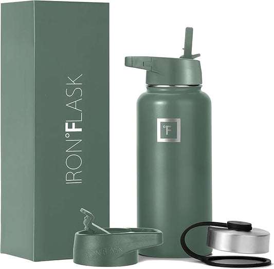 IRON °FLASK Camping & Hiking Hydration Flask, Wide Mouth, 3 Straw Lids, Stainless Steel Outdoor Water Bottle, Double Walled, Insulated Thermos, Metal Canteen - Sage, 32 Oz