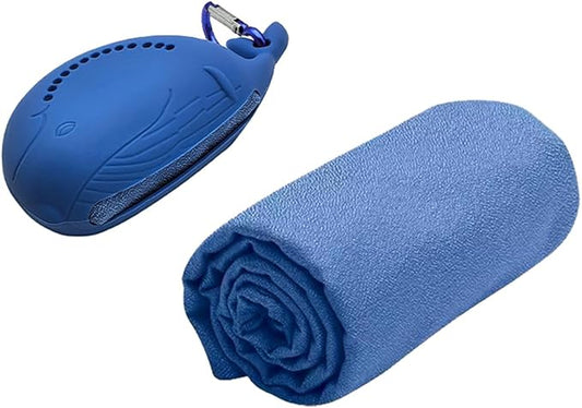 FANCAME Quick Dry Towel with Whale Silicone Sleeve Microfiber Sports Travel Towel Soft Breathable Cooling Towel Absorbent Compact Beach Towels,Suitable for Gym,Camping and Yoga (Blue, 11‘’x 31‘’)