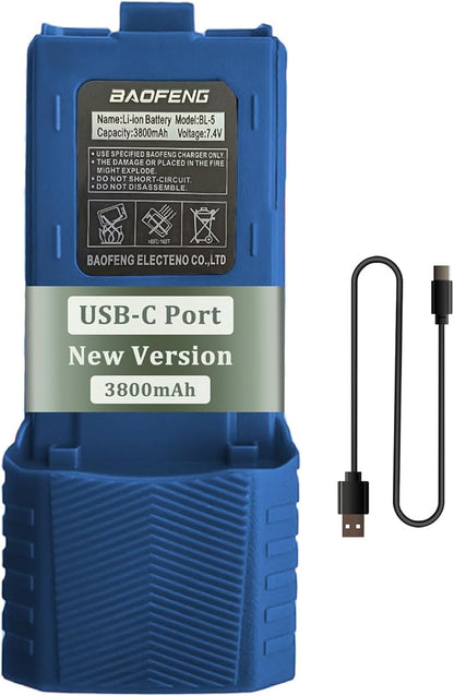 BAOFENG UV-5R Radio Battery Extended 3800mAh USB-C Charging Blue Replacement for BF-F8HP New Version for BF-F8 Rechargeable Bl-5 Two Way Radio Battery with Type-c Cable