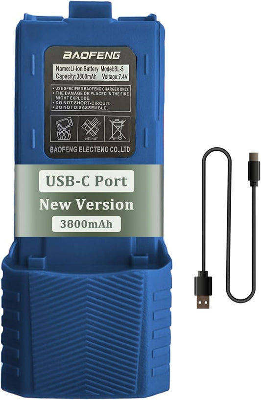 BAOFENG UV-5R Radio Battery Extended 3800mAh USB-C Charging Blue Replacement for BF-F8HP New Version for BF-F8 Rechargeable Bl-5 Two Way Radio Battery with Type-c Cable