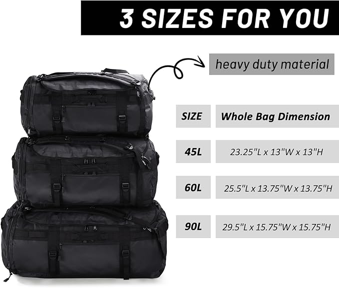 MIER Large Duffel Backpack Sports Gym Bag with Shoe Compartment, Heavy Duty and Water Resistant, Black, 45L