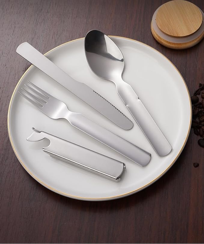 Camping Outdoor Flatware Set with Military-Grade Spoon, Fork, Knife,Bottle can opener & Multi-Tool - Stainless Steel Utensil Kit for Camping, Hiking, and Travel