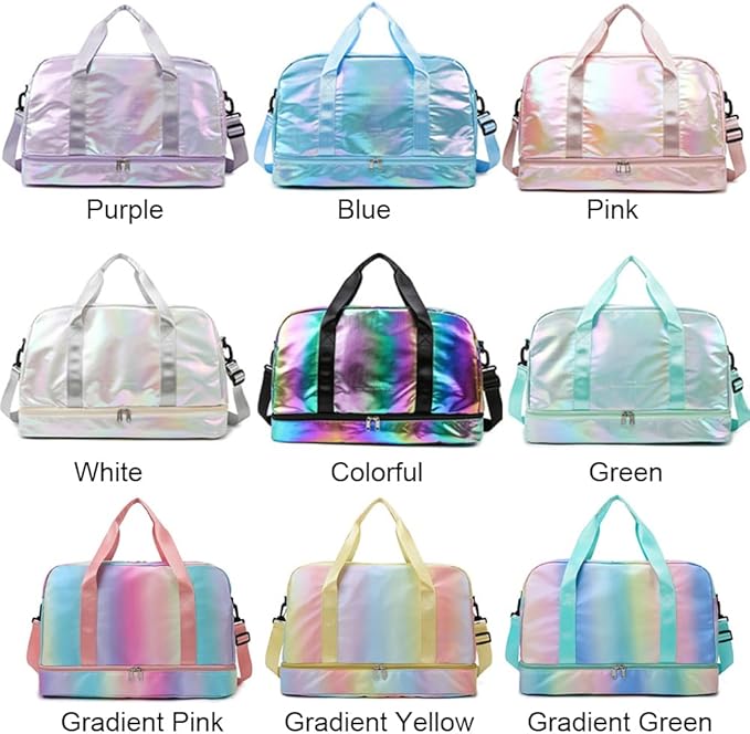 Holographic Shimmering Gym Duffle Bag with Shoes Compartment & Wet Pocket, Women Weekend Overnight Travel Bag Gymnastic Dance Bag for Girl (blue)