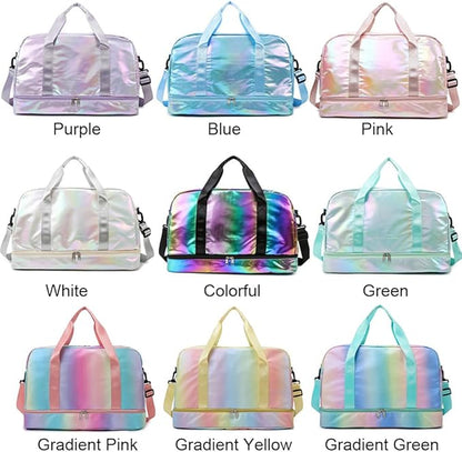 Holographic Shimmering Gym Duffle Bag with Shoes Compartment & Wet Pocket, Women Weekend Overnight Travel Bag Gymnastic Dance Bag for Girl (blue)