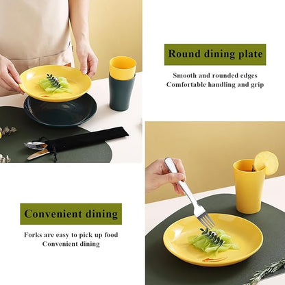 Camping Utensils Mess Kit, Including Camping Spoon, Fork, Knife, Plate and Cup Packed in a Portable Bag, Easy to Carry, Dishwasher Safe