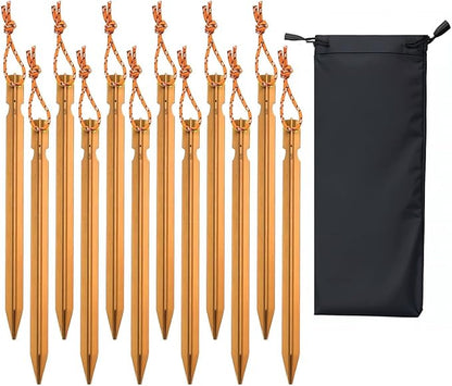12 Pack Tent Stakes, 7-inch Ultralight Aluminum Ground Pegs with Reflective Pull Ropes, Tri-Beam Stakes in a Carrying Bag, for Camping, Backpacking, Hiking Tent, Hammocks and Canopy (Orange)