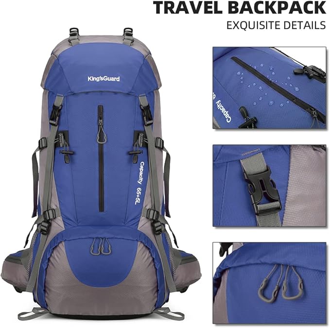 King'sGuard 70L Hiking Backpack Large Lightweight Waterproof Camping Backpack Travel Backpacking Backpack Daypack with Rain Cover -Frameless (Deep Blue)