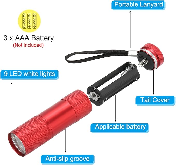 PATIKIL 9 LED Mini Flashlights, Aluminum Pocket Flashlight Torch with Lanyard for Camping, Hiking, Outdoor Emergencies, Red