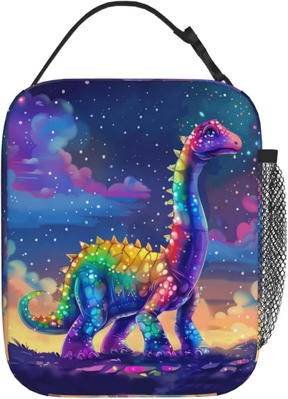 SARA NELL Dinosaur Insulated Lunch Bag Cute Dino Rainbow Tie Dye Body in Magic Sparkle Space Lunch Box for Women Men Teens Kids, Reusable Lunch Tote Bag