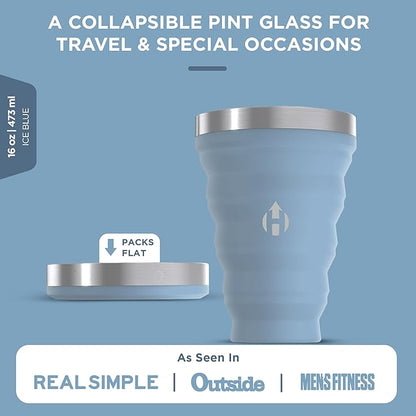 HYDAWAY Collapsible Pint - 16 oz, Silicone & Steel Rim I Collapsible Cup for Beer, Water & Soda, Portable Drinking Cup for Party, Camping, Backpacking & Hiking, Folding Travel Cups Collapse to 1-inch
