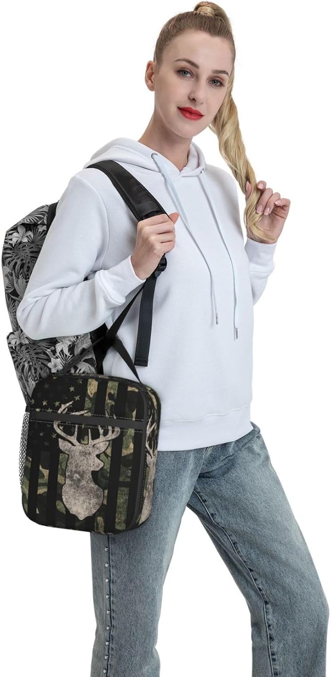 Camouflage Hunting Tactical Deer Camo American Flag Lunch Box Insulated Lunch Bag for Kids Boys Girls, Portable Kids Lunch Box Reusable Cooler Totes for School Work Picnic