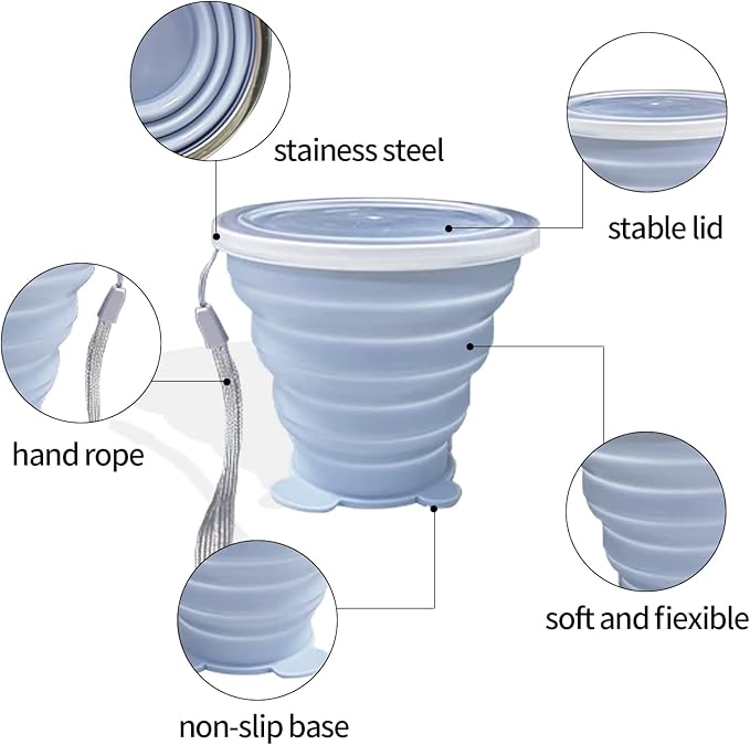 Collapsible Cup, Silicone Collapsible Travel Cup, Expandable Folding Camping Drinking Cup with Lids Reusable Small Portable Mugs Cup for Travel, Camping, Hiking,Outdoor Sports (blue&grey)