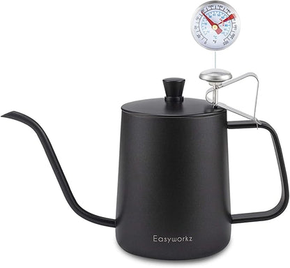 Easyworkz Gage Gooseneck Pour Over Coffee Kettle 20 oz with Thermometer Stainless Steel Hand Drip Coffee Pot With Long Narrow Spout