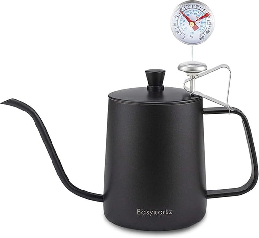 Easyworkz Gage Gooseneck Pour Over Coffee Kettle 20 oz with Thermometer Stainless Steel Hand Drip Coffee Pot With Long Narrow Spout