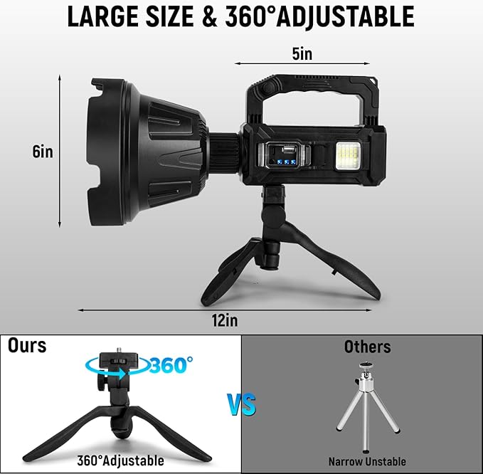 Rechargeable Spotlight, Handheld Super Bright Flashlight 1000000 High Lumens with Foldable Tripod,6 Modes and 4 Colors, Waterproof IPX6 Searchlight for Camping Fishing Hunting, USB Output