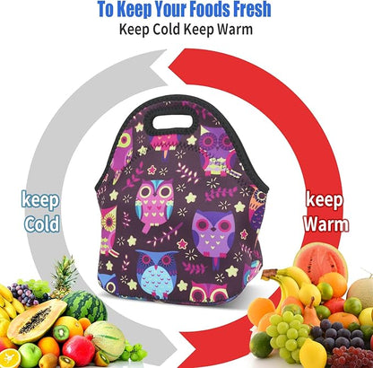 Violet Mist Neoprene Owl Lunch Bag Insulated Waterproof Lunch Bag Tote Cartoon Reusable Lunch Box Containers Food Carrying Lunch Handbags for Women men Work Thanksgiving Christmas Gift