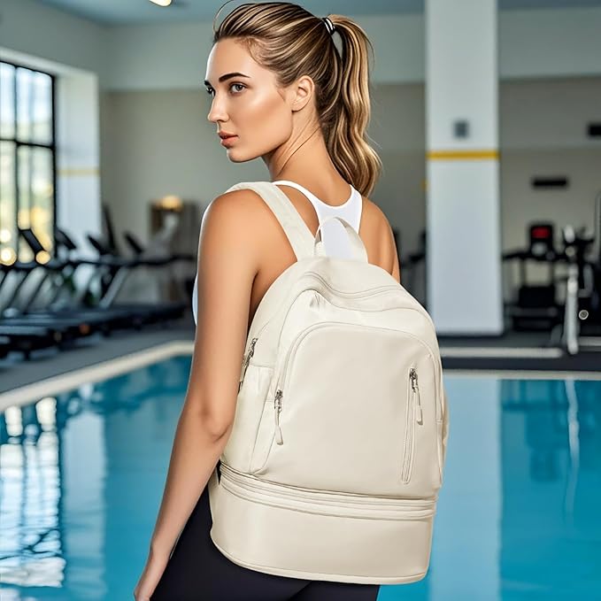 Gym Backpack for Women Men, Lightweight Gym Bag with Shoe Compartment, Waterproof Sports Backpack with Wet Pocket for Yoga Fitness Sports, Beige