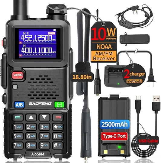 BAOFENG Radio 5RM 10W Ham Radio Long Range (Upgrade of UV-5R) AR-5RM Two Way Radio NOAA Weather Receiver Rechargeable Walkie Talkies UV5R Copy Frequency 999CH With USB Charging 18.89" Tactical Antenna