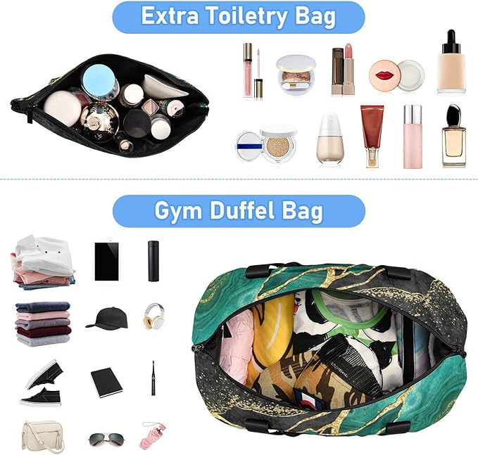 Marble Weekender Bag for Women, Malachite Green Marble Gym Bag Sports Duffle Bag Travel Tote Bag with Toiletry Bag Shoes Compartment Dry/Wet Separation Swim Bag