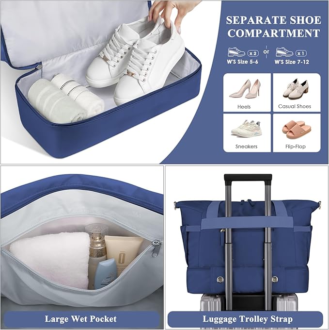ETRONIK Gym Bag for Women, Travel Duffel Bag with USB Charging Port, Weekender Overnight Bag with Wet Pocket and Shoes Compartment for Women, Travel, Gym, Yoga (Dark Blue)