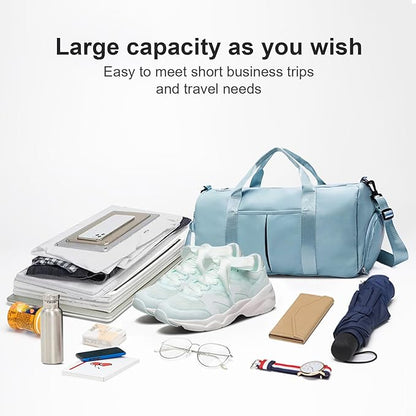 ZGWJ Sports Gym Bag with Wet Pocket & Shoes Compartment, Waterproof Shoulder Weekender Bag for Women and Men Swim Sports Travel Gym Bag Lightweight and easy Carry on Light Blue