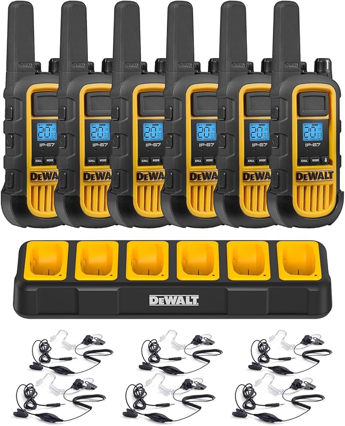 DEWALT DXFRS800 Bundle 2W Walkie Talkies Heavy Duty Business Two-Way Radios, 6 Pack with 6 Headsets Plus Gang Charger (DXFRS800BCH6-SV1)