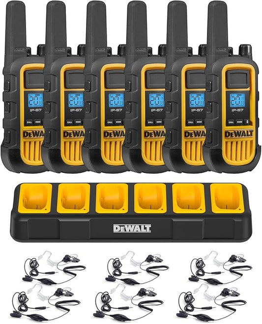 DEWALT DXFRS800 Bundle 2W Walkie Talkies Heavy Duty Business Two-Way Radios, 6 Pack with 6 Headsets Plus Gang Charger (DXFRS800BCH6-SV1)