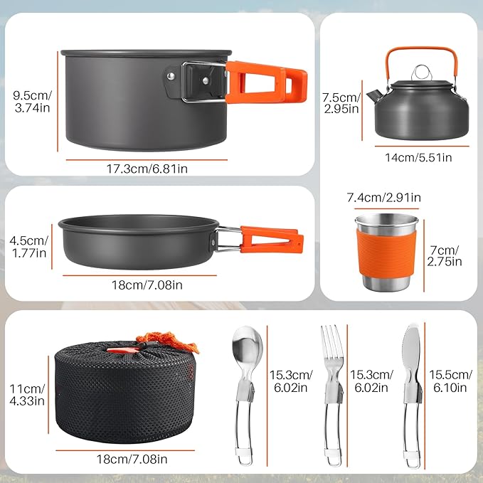 17PCS Camping Cooking Set, Non-Stick Lightweight Camping Pots and Pans Set with Kettle, Stainless Steel Cups, Foldable Forks Knives Spoons for Camping, Backpacking, Outdoor Cooking & Picnic