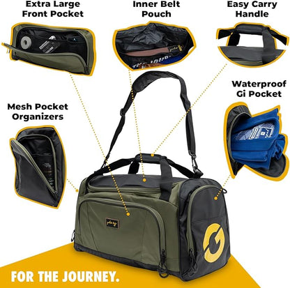 Gold BJJ Jiu Jitsu Duffle Bag - Waterproof Pocket for Sweaty Gi, Rashguard, or Shoes - The Perfect Duffel Bag for Martial Arts Gear, Boxing, MMA, and More