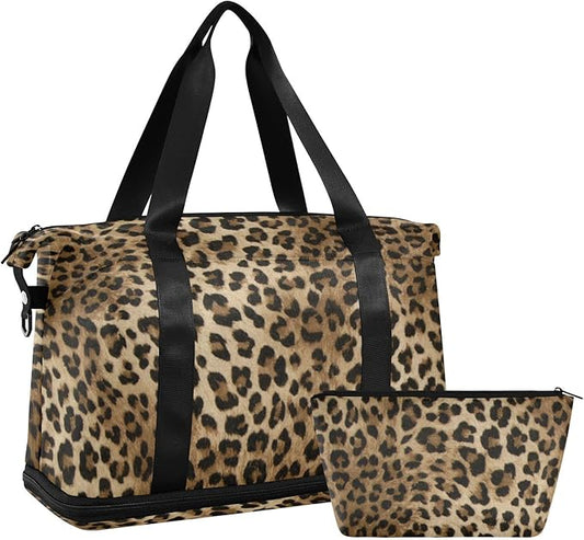 Leopard Weekender Bag for Women, Speckled Gym Sports Duffle Travel Tote With Toiletry Compartment, Shoes Storage, Dry/Wet Separation for Swimming